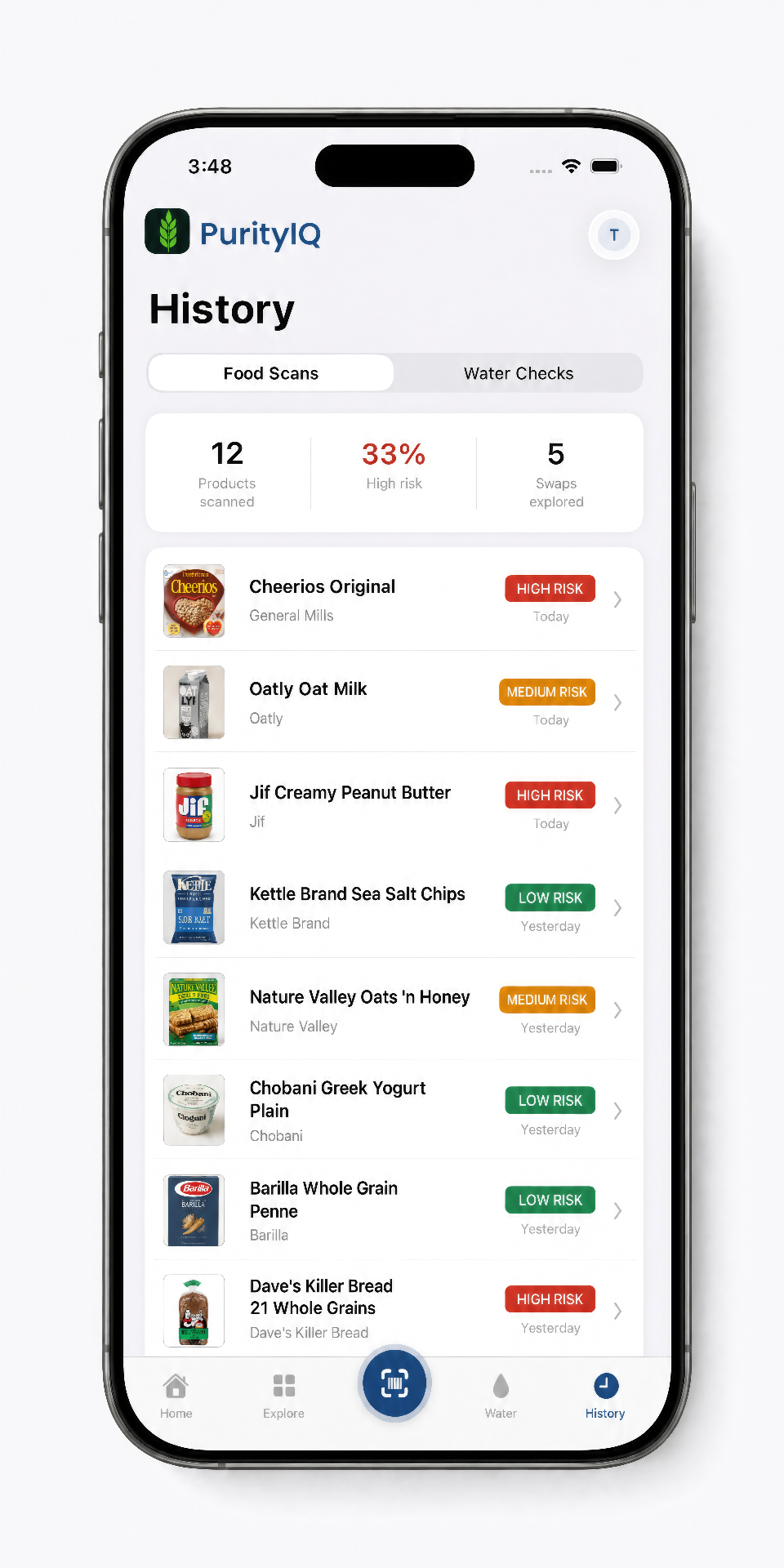 PurityIQ history screen listing recent product lookups